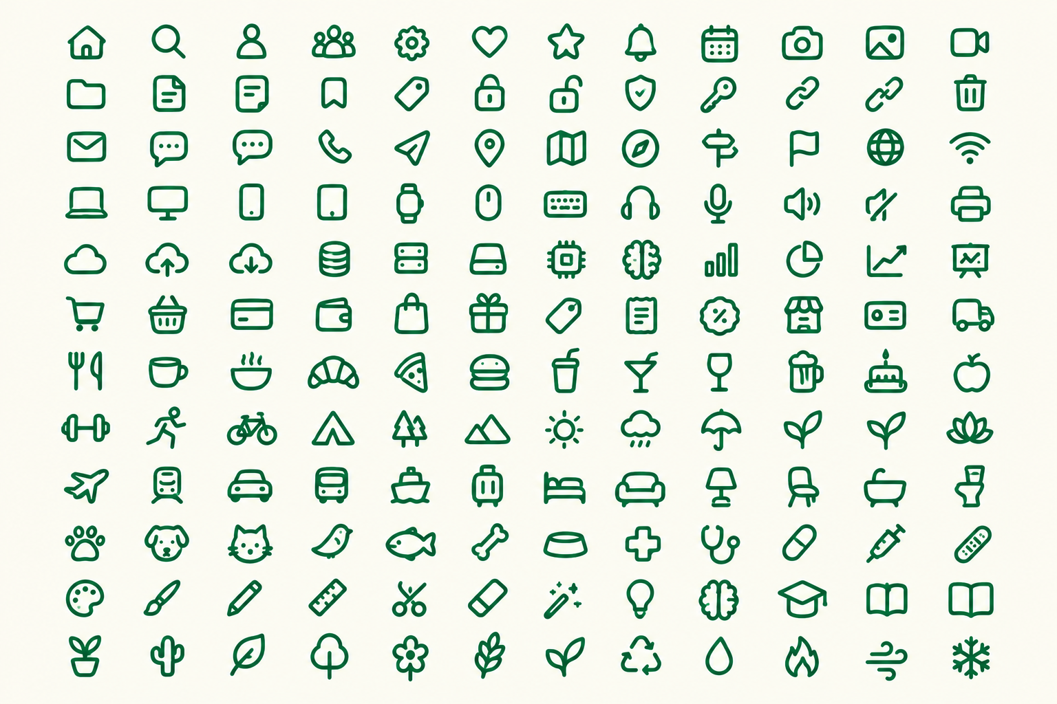 A sheet of playful, hand-drawn green icons