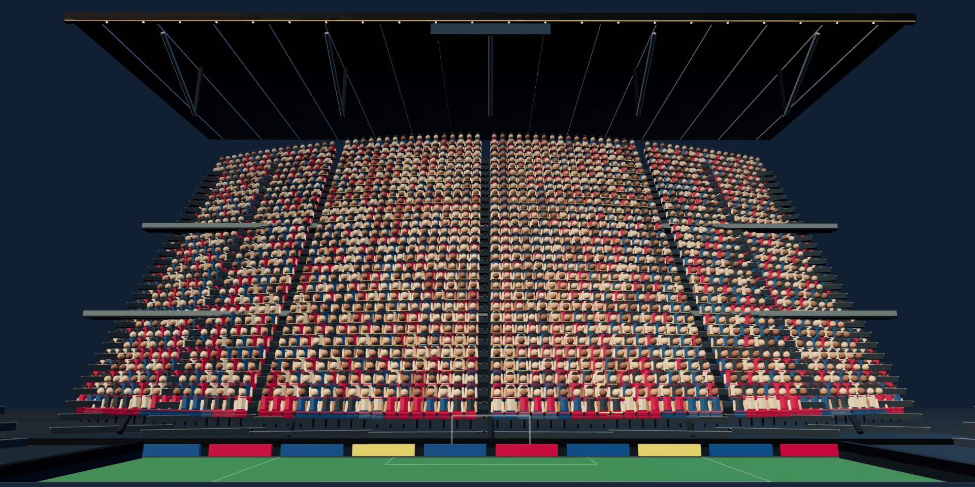An animated stadium stand revealing a crowd-created tifo